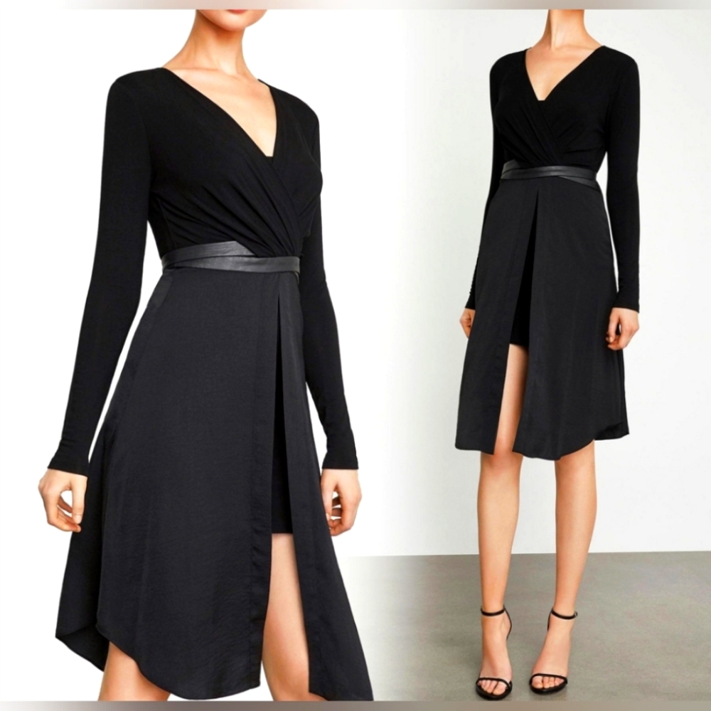 BCBGMaxAzria Black Wrap V-Neck Long Sleeve Dress